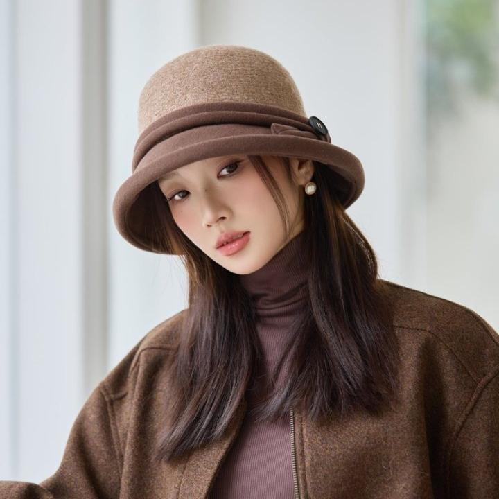 Woolen Bucket Hat Women's Autumn and Winter Fashion Warm Elegant British Retro Basin Hat Top Hat