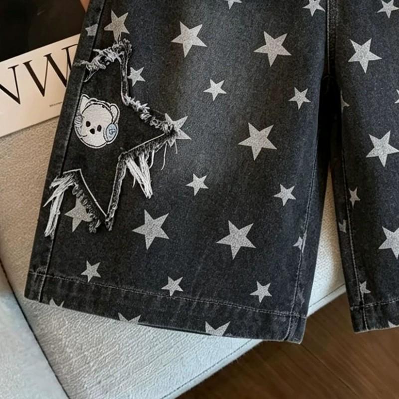 Loose Wide-Leg 7/8 Denim Pants Unisex Cute Casual Jeans