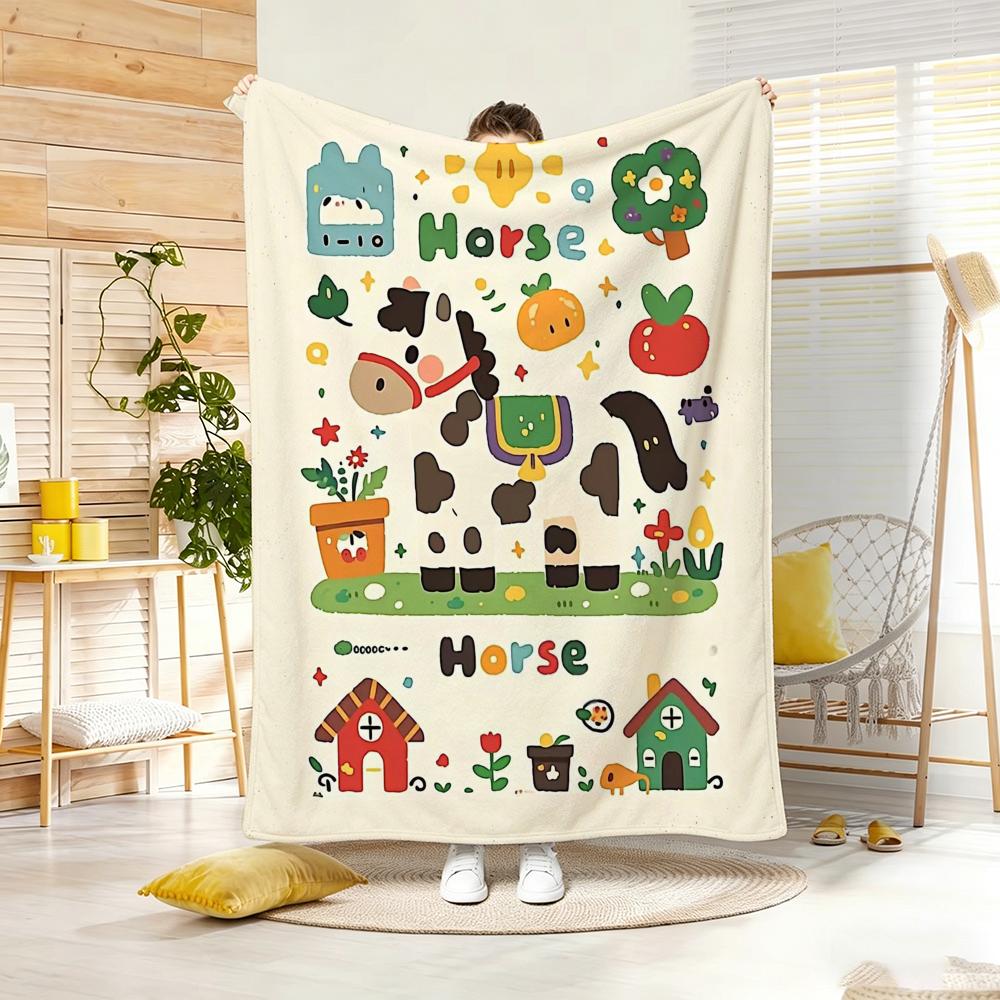 Painting Cute Pony Throw Lightweight 240G Flannel Blanket Soft Skin-Friendly For Summer Cooling