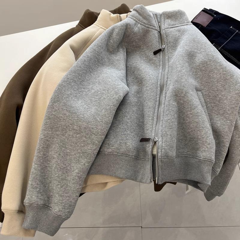 Women's Lambswool Fleece-Lined Stand Collar Zip-Up Cardigan – Thick, Versatile, Loose-Fit Winter Outerwear