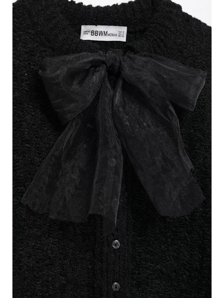 2024 Women's Winter Transparent Yarn Knit Top with Bow Brooch - European & American Style Fashion