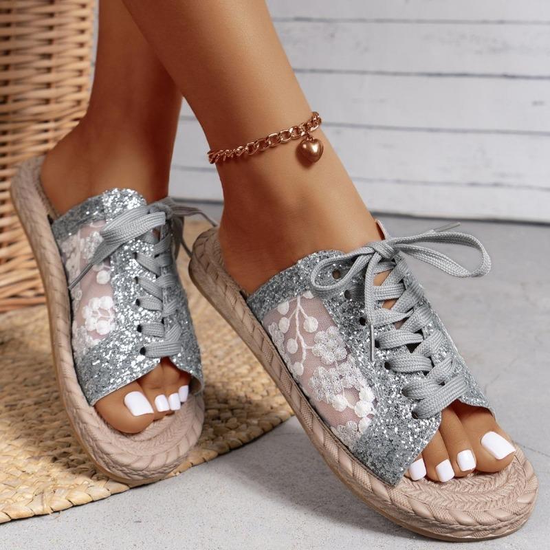 Dámské flitrové síťované vyšívané ležérní pásek ploché pantofle se šněrováním univerzální letní plážové sandály