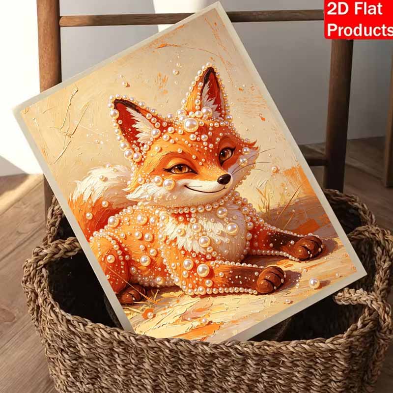 DIY 5D Pearl Bead Painting Kit with Frame Cute Fox Portrait Shiny Canvas Art for Bedroom Wall Decor and Gift for Enthusiasts and Art Lovers