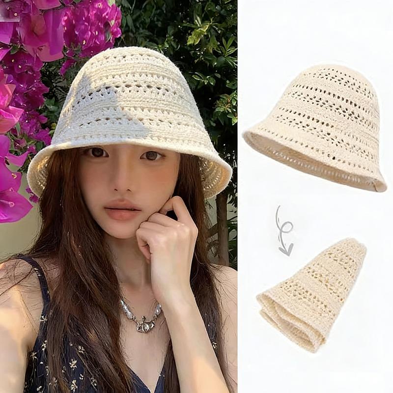 Korean Wide Sun Hat Brim Floppy Summer Hats For Women Beach Panama Straw Dome Weave Bucket Hats Hollow Female Knitted Cap
