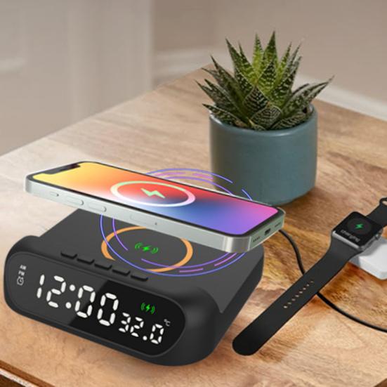 Wireless Charger with Digital Alarm Clock Temperature Display Wide Compatibility 15W Fast Charging 3-in-1 Wireless Charging Station