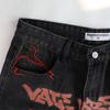 Men's Lightning Embroidery Denim Shorts, Dark Hip Hop Street Loose Knee Length Shorts With Graffiti Letter