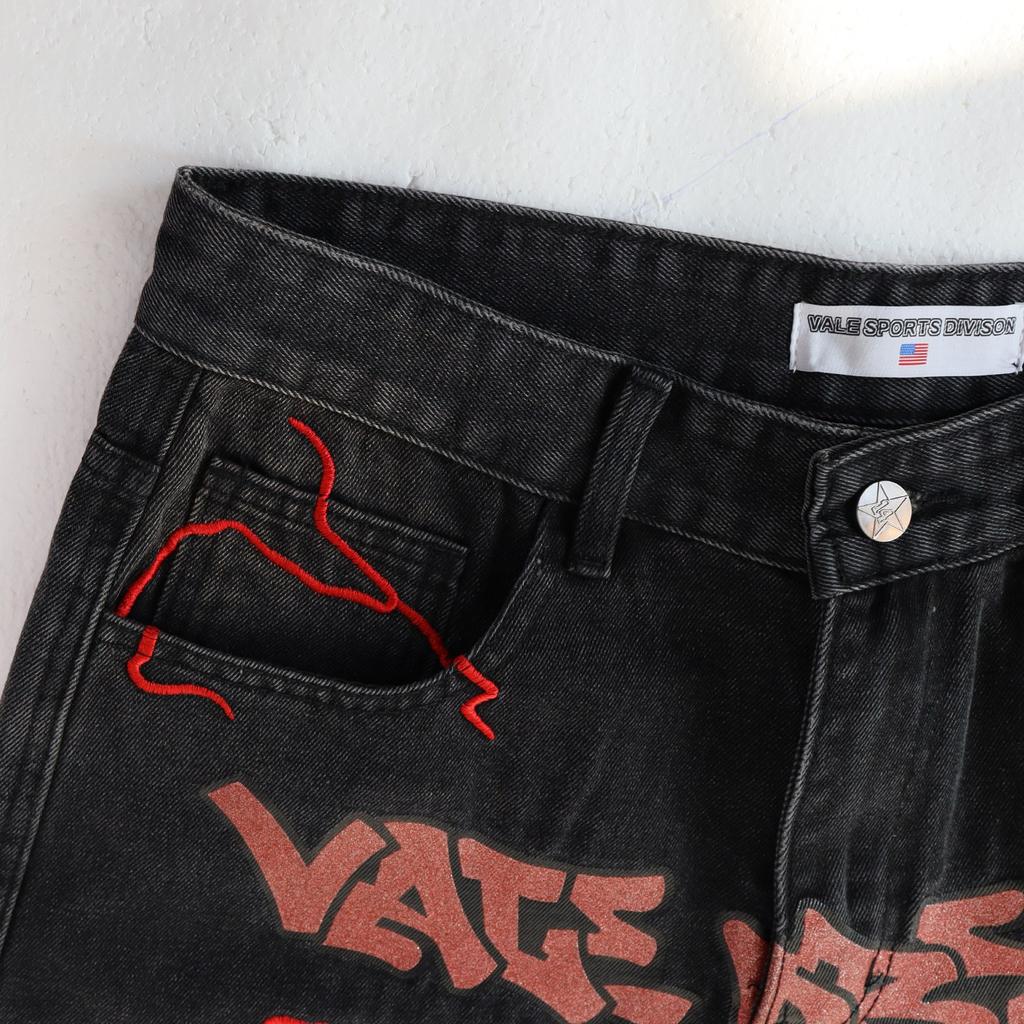 Men's Lightning Embroidery Denim Shorts, Dark Hip Hop Street Loose Knee Length Shorts With Graffiti Letter