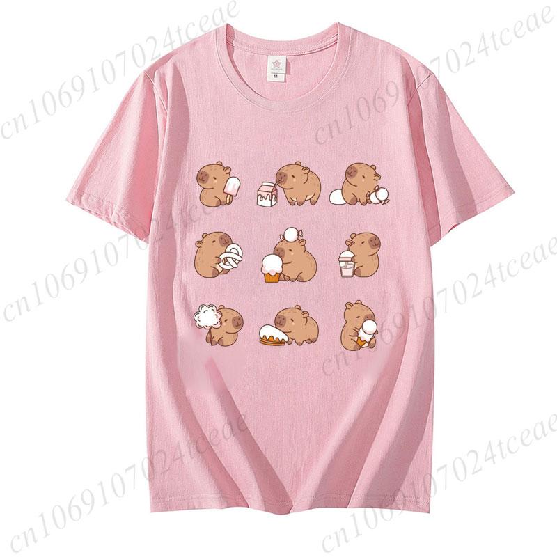 Cute Capybara Loves Bubble Tea Print Women Kids T-Shirt Summer Children's Short-sleeved Casual Pink Tops Adults Boys Girls Gifts