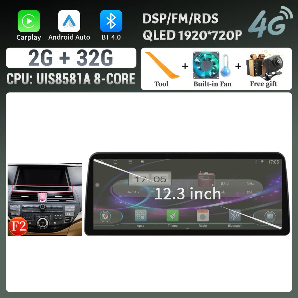 12.3inch Android For Honda Accord 2008-2012 Car Radio Multimedia Navigation 4G GPS Wireless BT CarPlay Touch Head Unit Screen