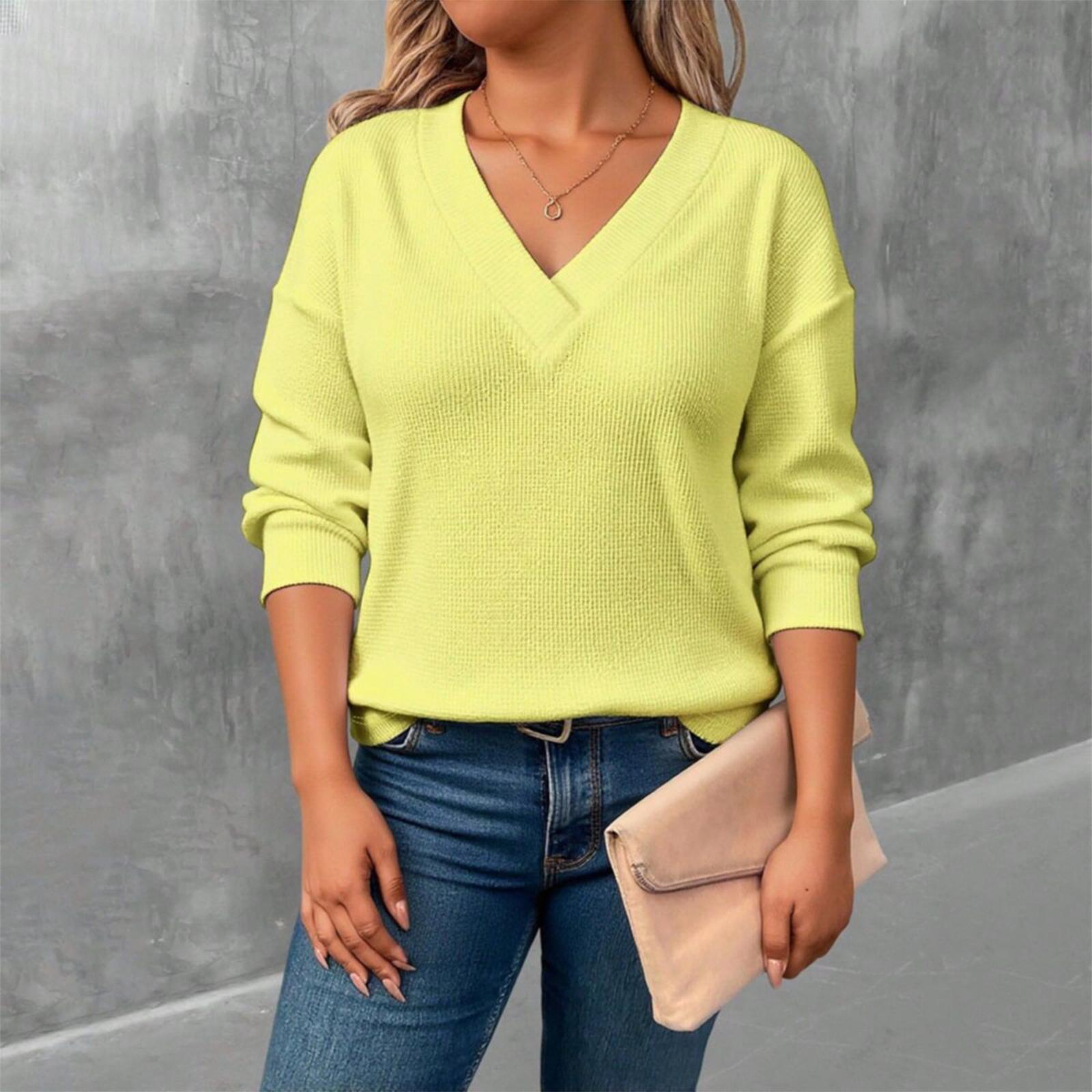 

Женская удобная свободная модная повседневная футболка с V-образным вырезом и длинным рукавом однотонного цвета XL жёлтый