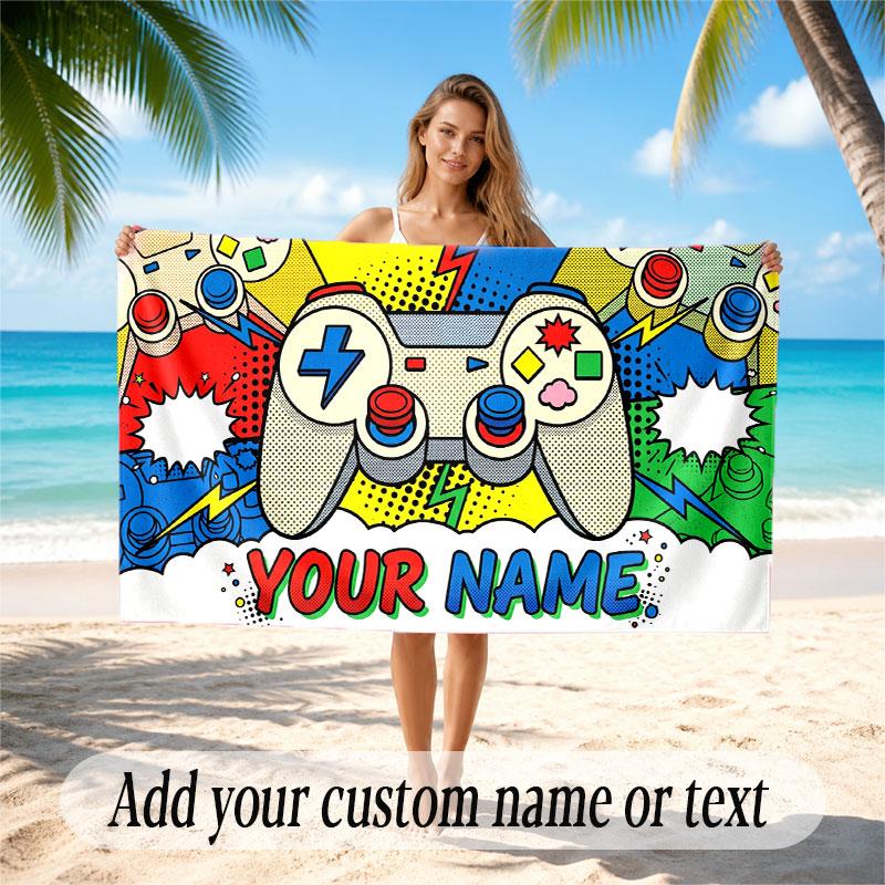 Game Controller Theme Beach Towel Personalized Custom Name & Text Soft Quick Dry Beach Towel for Swimming Travel