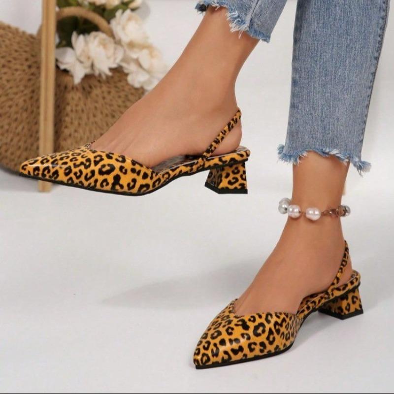 Fashion Leopard Print Baotou Sandals Autumn New Pointed Toe Shallow Cuff Foot Non-slip Wear-resistant Block Heel Shoes