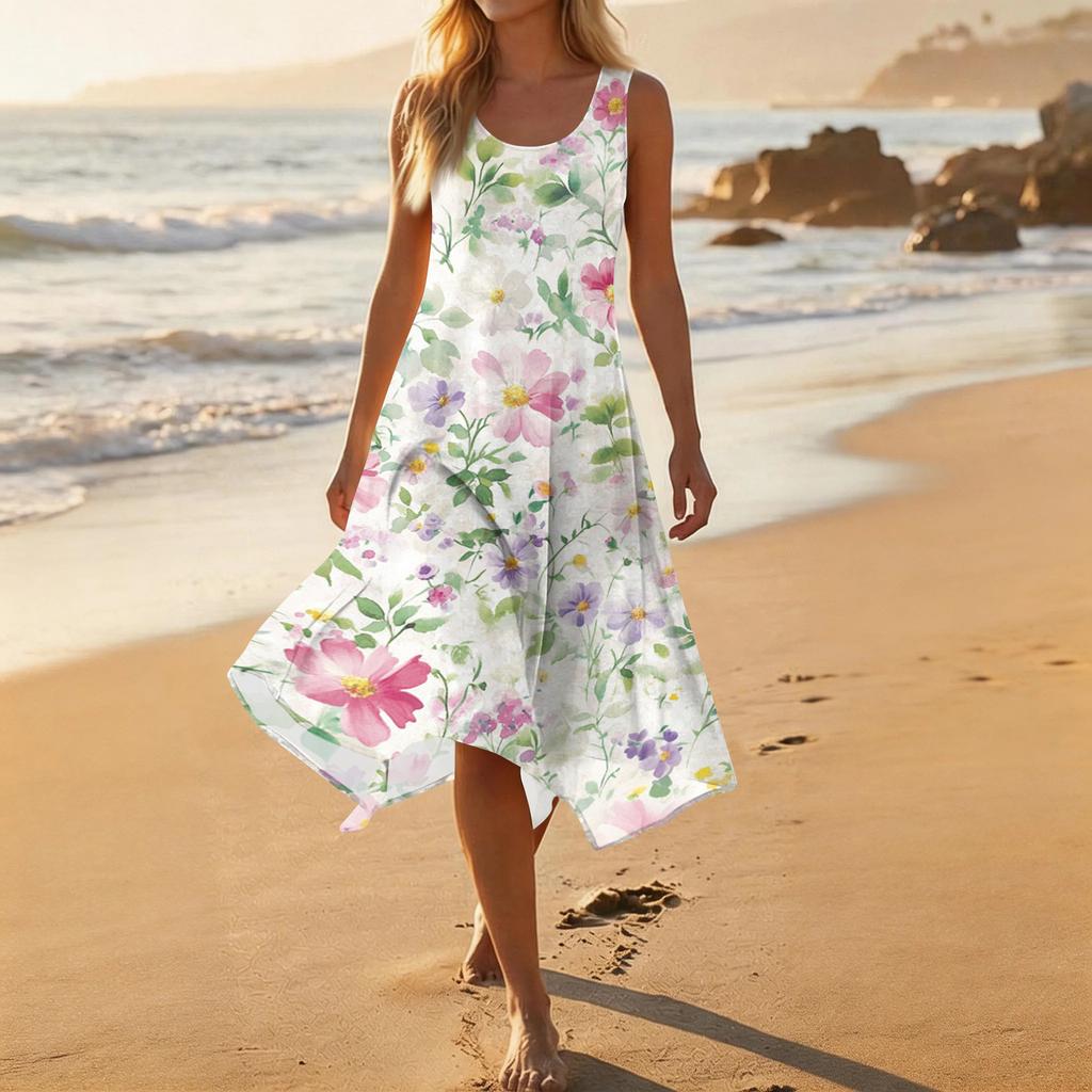 Damen Lässiges Mode-Midikleid mit Rundhalsausschnitt, ärmellos und unregelmäßigem Saum