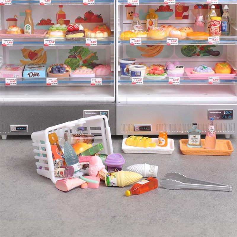 1/12 Scale Dollhouse Miniature Refrigerator Realistic Kitchen Display Furniture with Tiny Food Accessories for Kids Play