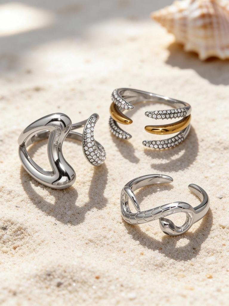 18k Gold-Plated Zirconia Inlaid Stainless Steel Open Ring Set - Modern Fashion Jewelry