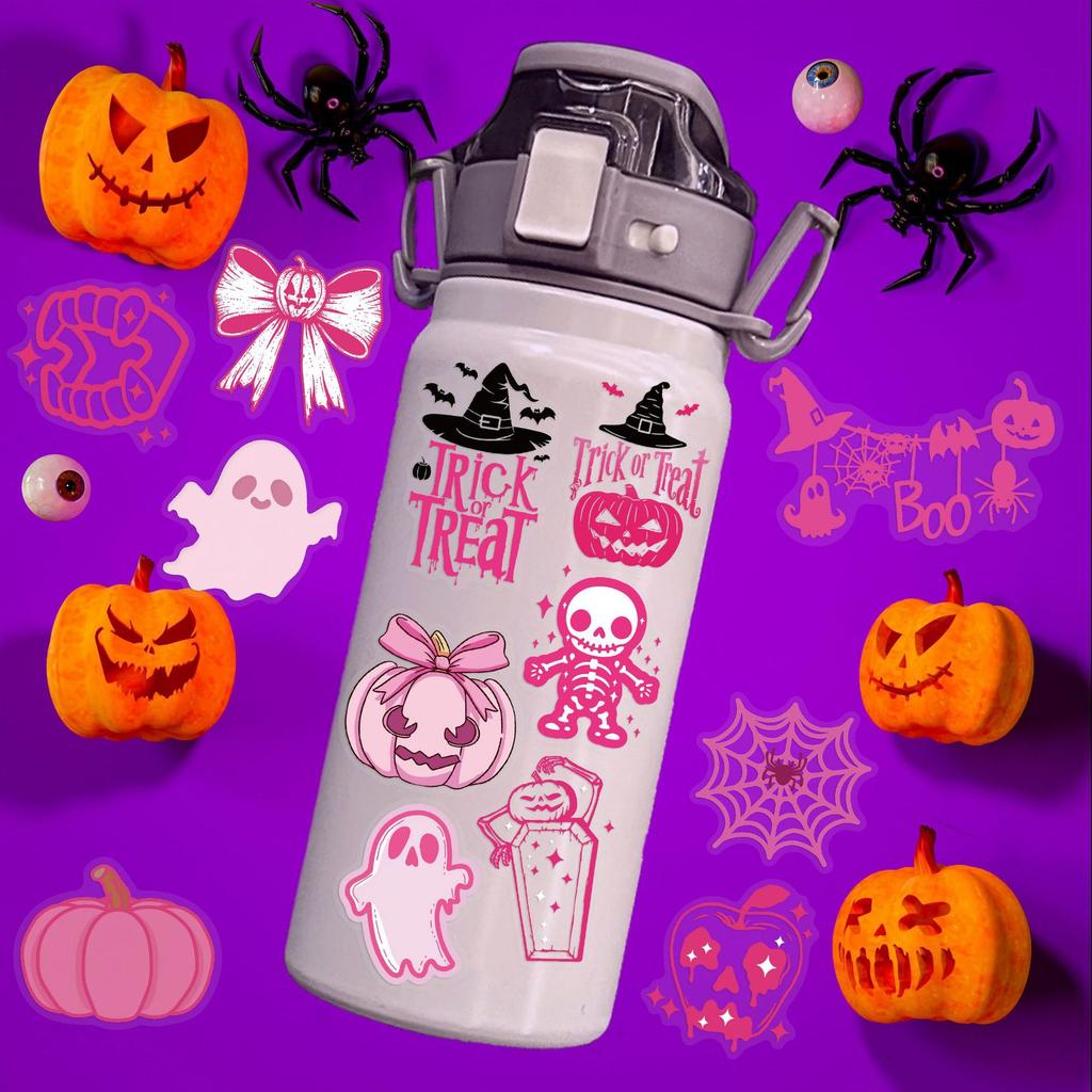 50Pcs Transparent Cartoon Pink Halloween Sticker Packs, Waterproof Transparent PET Hand Account Decorative Guitar Notebook Stickers