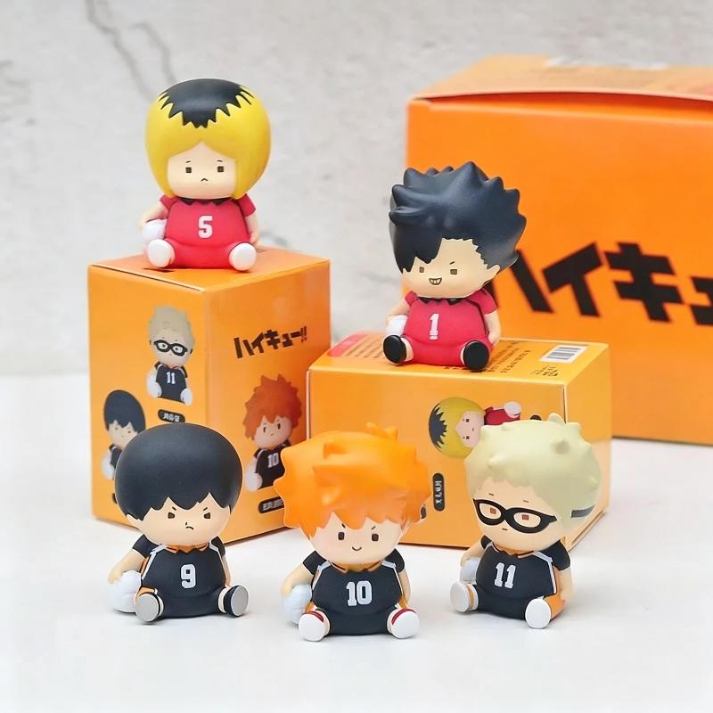 5pcs/Set Cute Round Chubby Bead Eyes Haikyuu Chibi Shoyo Tobio Kei Sitting Figures Sports Anime Model Toy Desktop Ornament Gifts