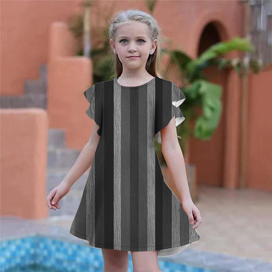 Girls Red Vertical Stripe Print Dresses Kids Girl Party Dress Loose Fitting Loose Fitting Short Sleeved Skirt For Girls Over Four Years Old
