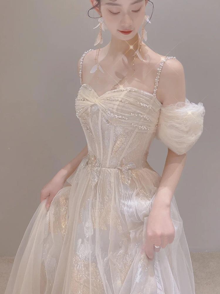 Romantic Fairy Toast Dress Bride Engagement High-end Light Luxury Niche Wedding Banquet Birthday Word Shoulder Evening Dress Dress Dress