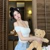 Show Breasts Pure Desire Hot Girl Sexy One-word Shoulder Short Top Tight Chic Suspender Neck Collarbone Short Sleeve T-shirt Women