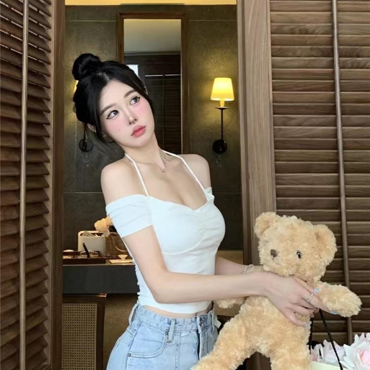 Show Breasts Pure Desire Hot Girl Sexy One-word Shoulder Short Top Tight Chic Suspender Neck Collarbone Short Sleeve T-shirt Women