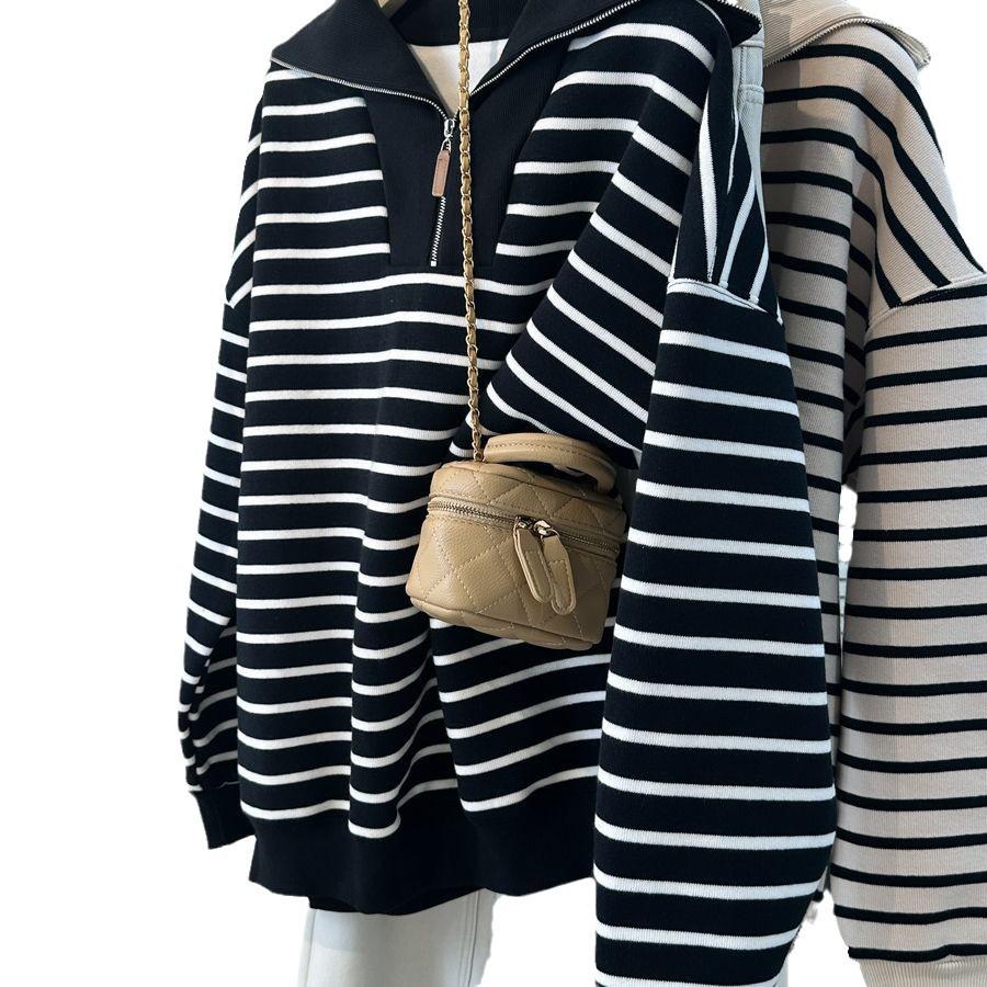 BF Striped Polo Collar Fleece Sweatshirt - Women's Autumn Winter Korean Style Casual Half Zip Top