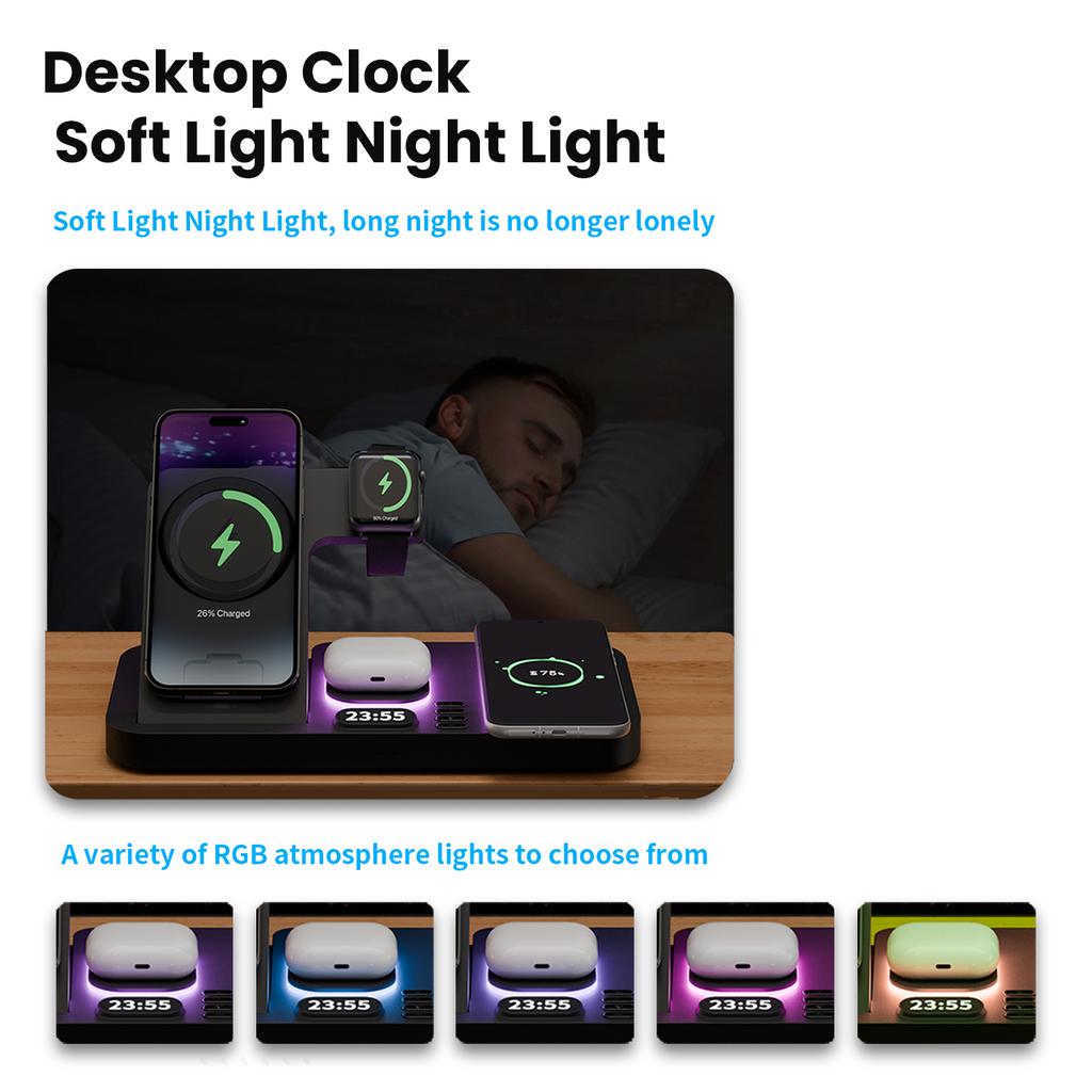 Birthday Gift Alarm Clock 6 in 1 Wireless Charger Station For Iphone Airpods  IWatch RGB Night Light Fast Charging Bracket