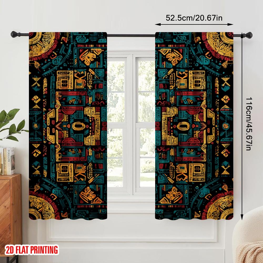 2pcs 2D flat printing Curtains Ancient Tribal Geometric Polyester Without Electricity Party Decorations for Indoor Celebrations