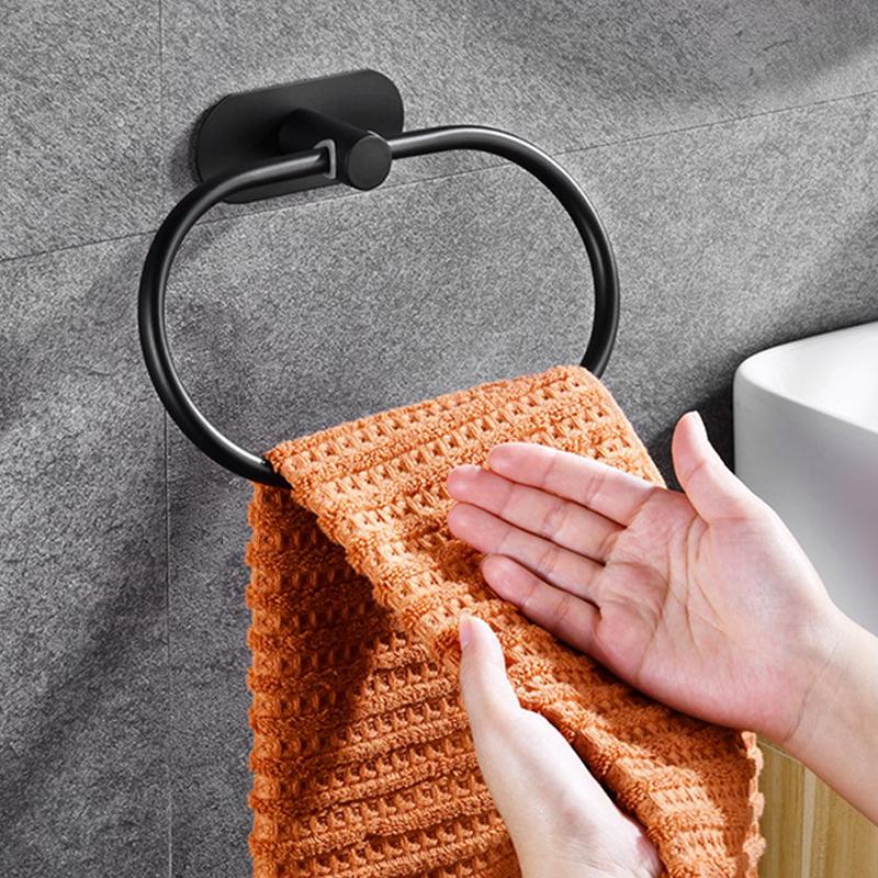 Stainless Steel Towel Holder Self-Adhesive Bathroom Towels Rack Black Washhand Hanger Ring Rail Bar Kitchen Storage Accessories