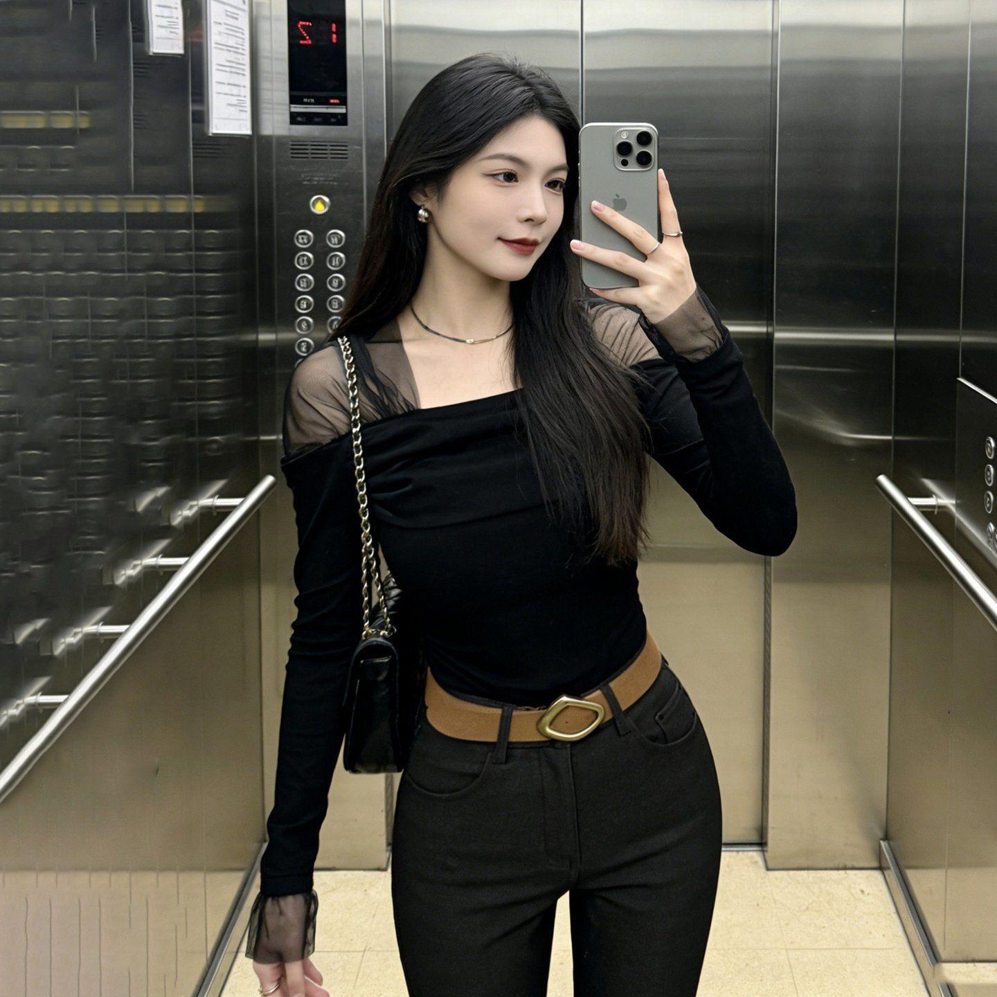 

Women s One-Shoulder Mesh Patchwork Long Sleeve T-Shirt - 2026 Spring Slim Fit Base Layer Top Small чёрный