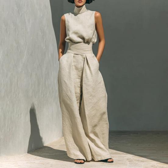 Women's Faux Linen Summer 2 Piece Outfit Sleeveless Stand Collar Top And Wide Leg Pants Matching Lounge Set with Pockets