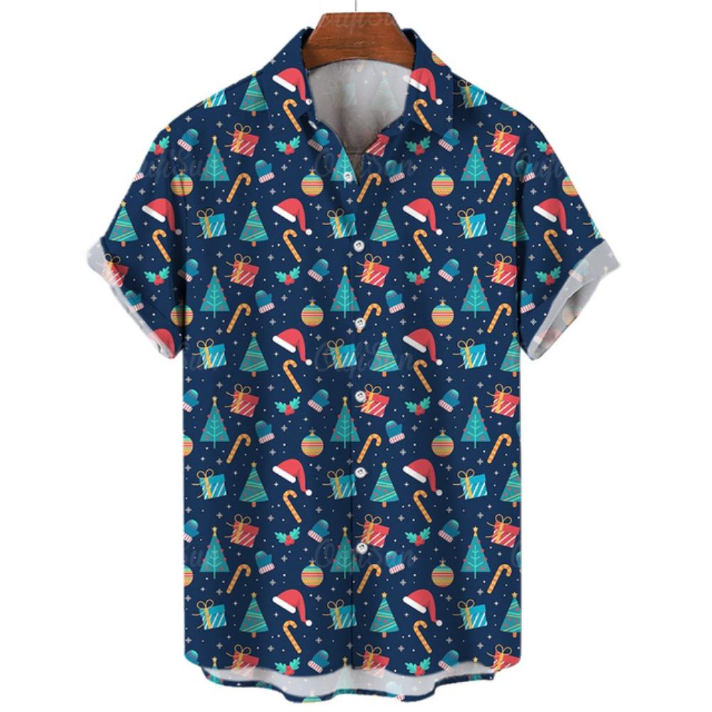 Retro Style Christmas Tree Reindeer Snowflake Printed Short Sleeved Shirt for Men and Women Christmas Holiday Loose Casual Shirt