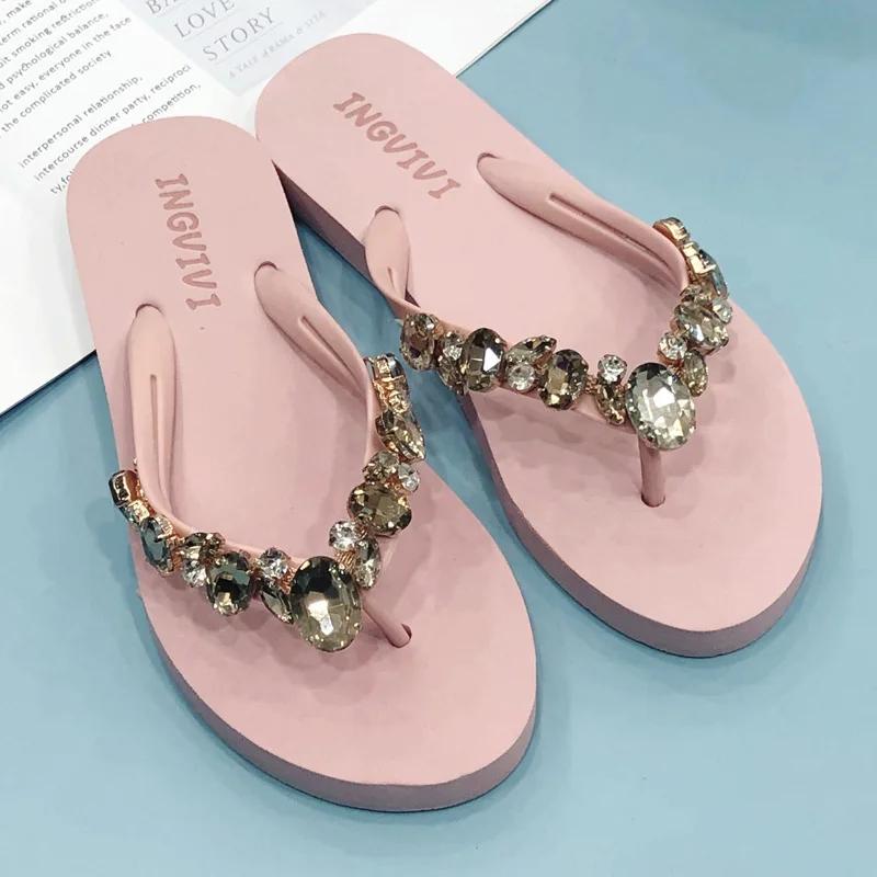 Fashion 2025 Comfortable and Fashionable All-match Beach Shoes Non-slip Soft Bottom Casual Flip-flops Rhinestone Chain Flat Slippers