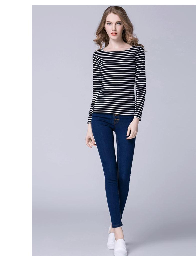 2022 Women's Slimming One-Shoulder Black & White Striped Long Sleeve T-Shirt