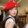 Damen Rote Süße Niedliche Schleife Baskenmütze Sommer Dünn Gestrickt Gehäkelt Gesichtsschlankmachender Künstlerhut
