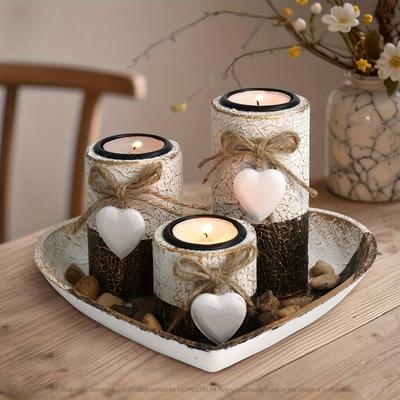 4pcs Wooden Heart Candlestick Set Complete Wooden Heart Candle Holder with Tea Light Stand Cute Rope Bow Decoration Decorative