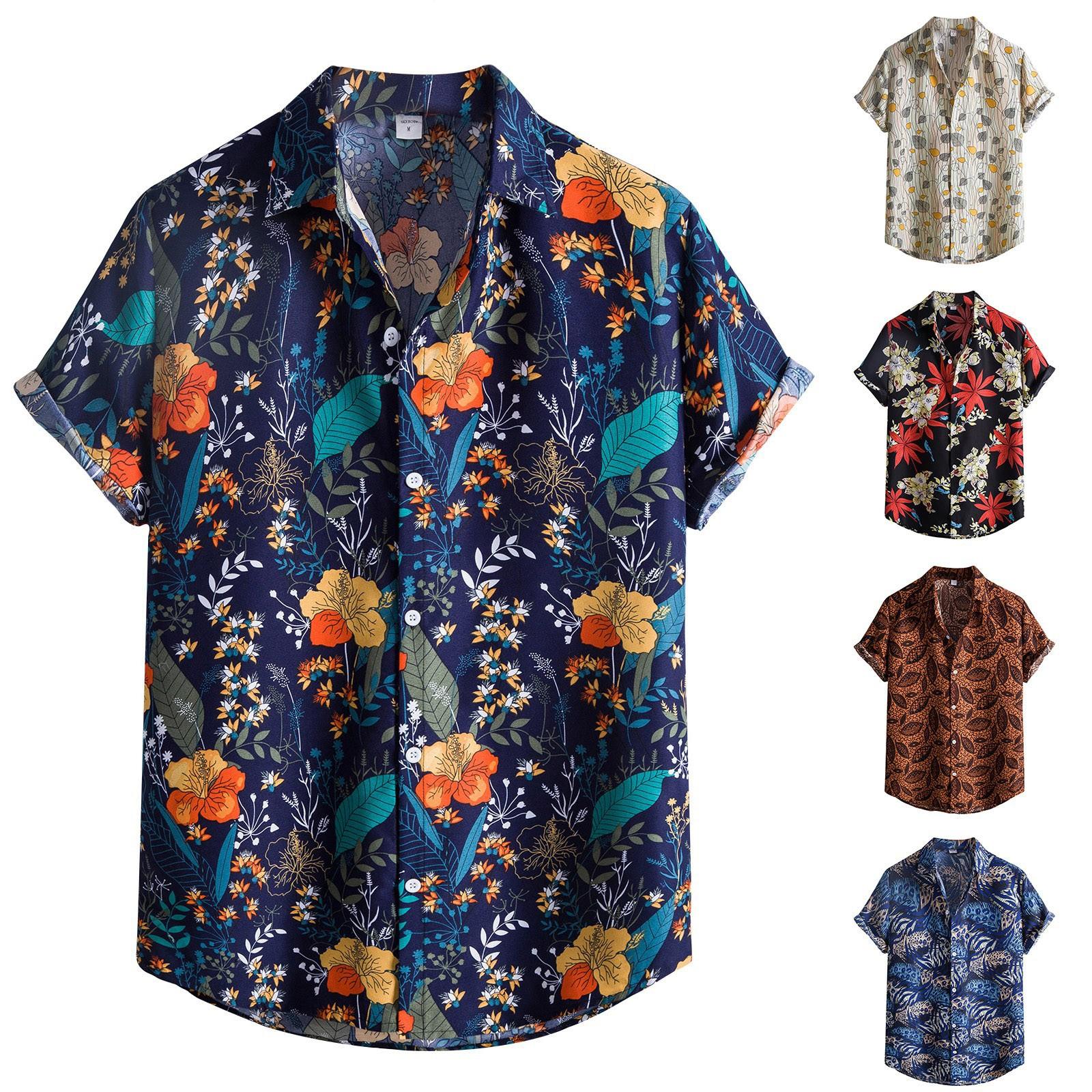 

Летняя мужская модная однобортная рубашка с отворотом и короткими рукавами с пляжным принтом