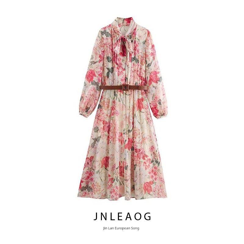 Jnleaog Spring New Arrival Women's Clothing Fashion Style Design Printing Series Belt Midi Skirt Dress 2507147