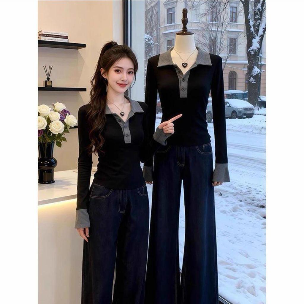 Women's Long Sleeve Ribbed Cotton T-shirt - Slim Fit, Stylish Design for Spring & Autumn