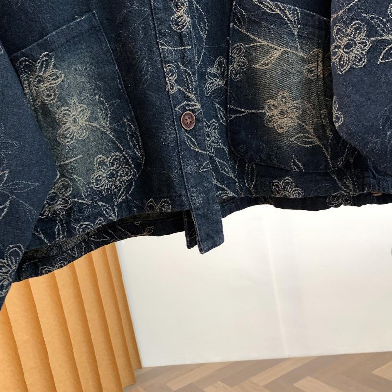 DIMANAF 2026 Herbst Winter Große Größen Damen Jeansjacken Mantel Kurz Lässig Print Floral Locker Knöpfe Blau Vintage Oberbekleidung