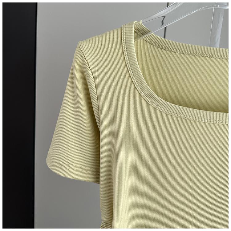 Plus Size Square Neck Standard Sleeve T-Shirt Loose Slimming Ribbed Base Top Versatile Breathable Soft Material Flattering Slim Women Top
