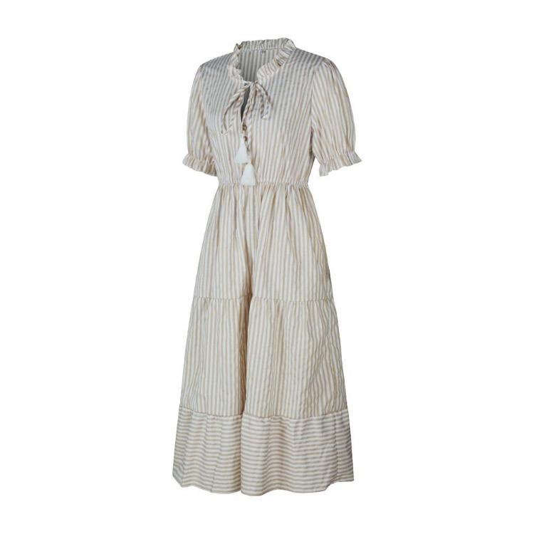 Women Summer Casual V Neck Striped Short Sleeve Button Dress Medium Long With Tassel