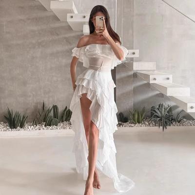 Ruffled Halter Dress, Diagonal Neck, Sleeveless Lace, Irregular Hem