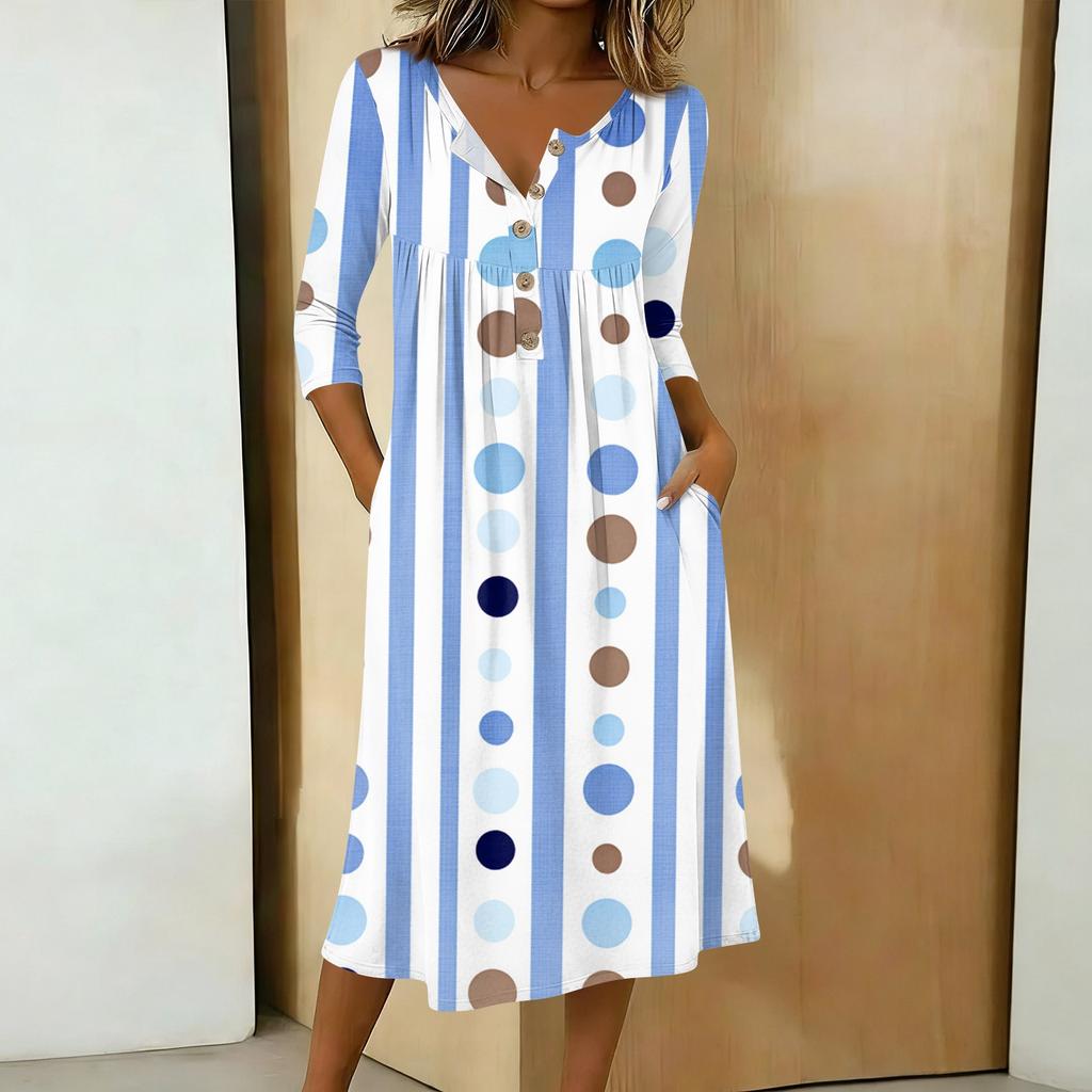 Women's Fashionable Color Printed Round Neck 3/4 Sleeve Button Collar Mid Length Casual Dress