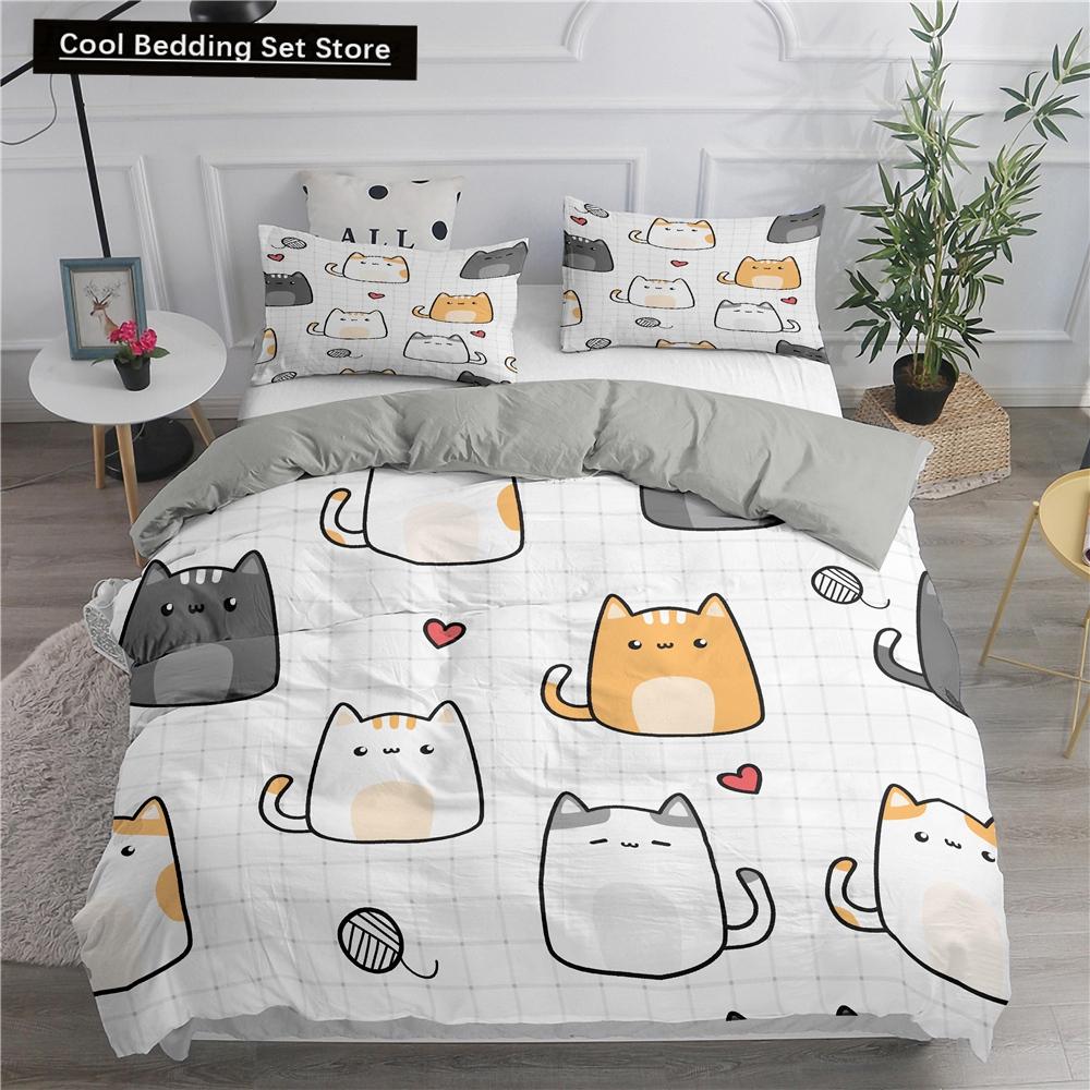 Cartoon Bedding Set Cute Cats Printed 3D Duvet Cover Set Twin Full Queen King Double Sizes Pillowcase Bedclothes Soft Polyester