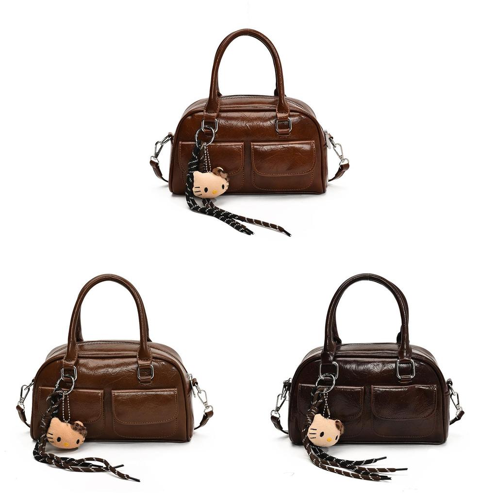 Retro Bowling Bag Handbag Pu Material With Zipper Closure For Daily Use