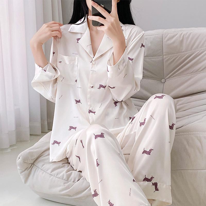 Women's Autumn/Winter Ice Silk Cartoon Pajamas, Korean-Style Sweetheart Set - Long Sleeve & Pants