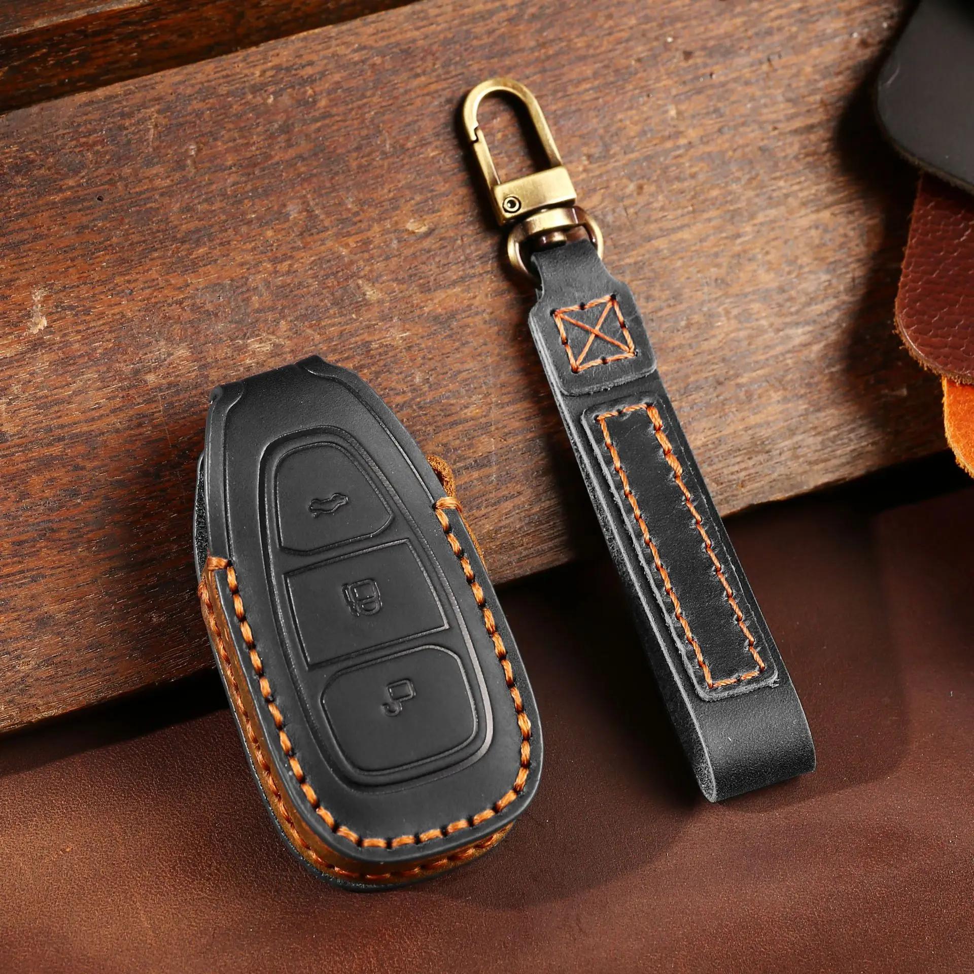 

Leather Car Key Cover Keychain Holder Case Protector for Ford Fiesta Focus Mondeo Ecosport Kuga Smart Remote Shell Accessories чорний