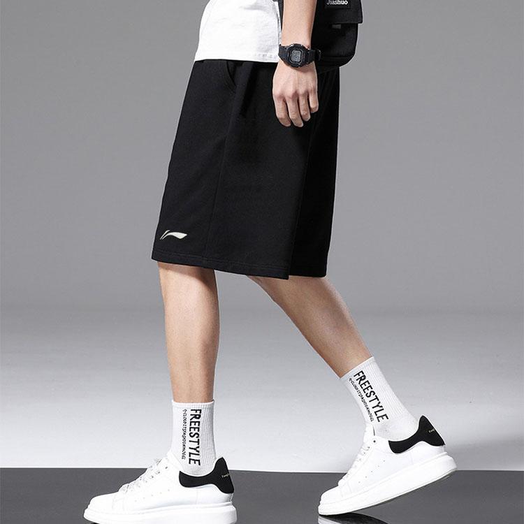 Li-Ning Embroidered Logo Knit Solid Loose-Fit Five-Point Sports Shorts Men shorts Black AKST453-1