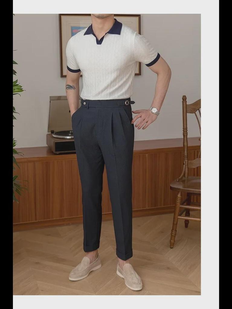 Italian Style Men's Slim Fit Polo - Summer Breathable, Trendy, V-Lapel, Jacquard Knit Short Sleeve